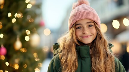 A young girl wearing a pink hat is smiling joyfully next to a beautifully decorated Christmas tree on a festive street, capturing the essence of holiday spirit.