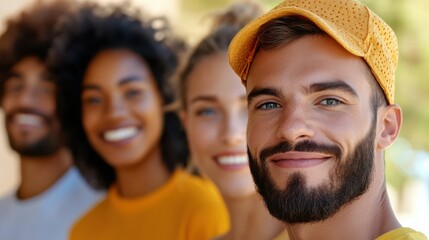 A close-up of four friends in vibrant attire enjoying a sunny day, their faces lit with bright smiles, capturing a moment of joy and companionship.