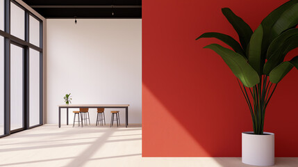 Wall Mural - Modern interior design featuring a minimalist workspace with tropical plant and rich accent wall