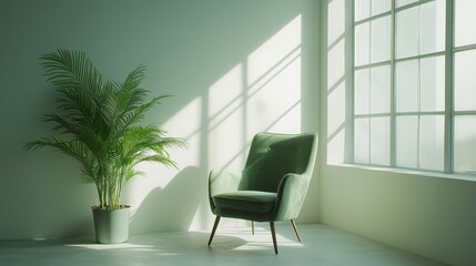 Wall Mural - Minimalist white room with a green chair and plant on the left side, with bright daylight