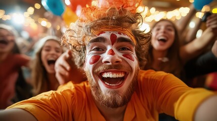 A vibrant group of friends celebrate with colorful face paint, capturing the essence of joy and togetherness at a festive event or party.