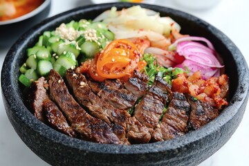 A delicious bowl of grilled meat with vegetables in a stone pot.