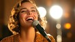 © LifeMedia - A woman with bright smile and curly hair sings energetically into a microphone, backlit by vibrant stage lights, showcasing a moment of musical enthusiasm.