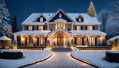 Luxury home in winter at twilight with windows, bushes, landscaping, two story house, roof, trees, snow, lights, holidays, December, snowfall