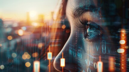 Woman looking at city skyline with data and code overlay