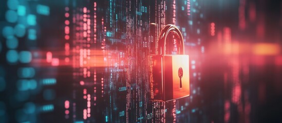 A golden padlock in front of a digital binary code background with red and blue lights.