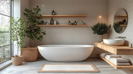 Wall Mural - Modern bathroom with a freestanding tub and natural decor elements.