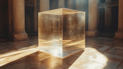 Fototapete - A glowing, transparent cube rests in a grand interior, surrounded by tall columns and sunlight streaming through, enhancing its ethereal beauty.