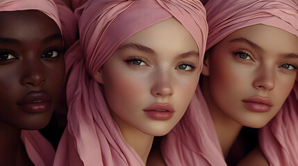 Poster - Three women with pink headscarves posing closely together.