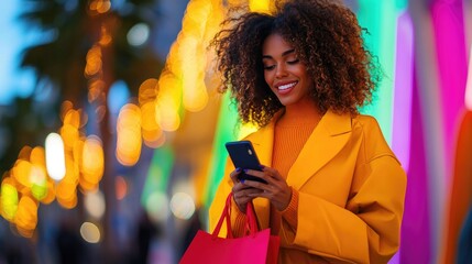 Christmas Background, Happy woman in a vibrant coat using smartphone outdoors at night.