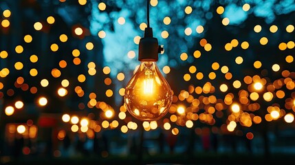 Christmas Background, Vintage light bulb glowing amidst blurred background bokeh lights.