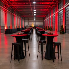 A festive event space with red lighting, tables, and Christmas decorations.