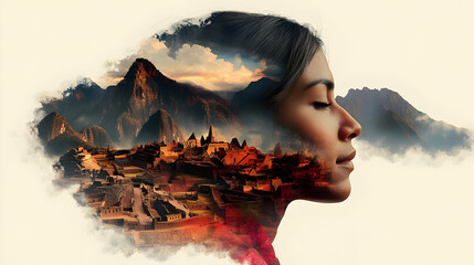 Wall Mural - A woman?s profile blended with a scenic landscape.