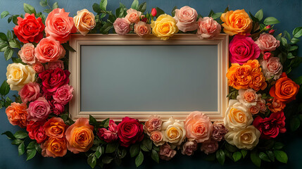 Sticker - A decorative frame adorned with colorful roses and greenery.