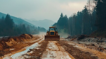 Bulldozer on a muddy road in the forest