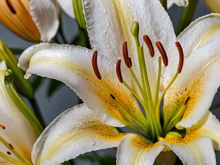 stunning close up photo of a brownish white lily flower during the day taken from a garden near the house