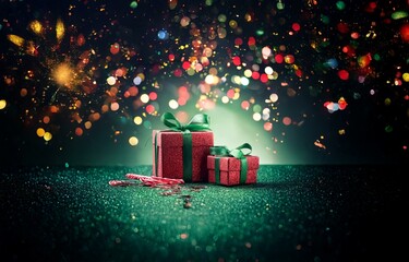 Two red sparkly gift boxes with green bows sit on a sparkly emerald green surface.  A string of red and white candy canes lie on the surface, with multicolored bokeh and confetti in the background.