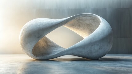 Poster - A contemporary sculpture resembling an infinity symbol occupies a modern gallery space, illuminated by soft light that enhances its smooth, concrete finish.