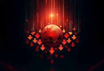 Poster - A glowing globe surrounded by falling red arrows in a dark, digital space.