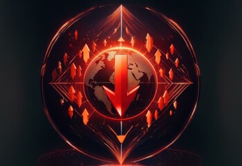 Aufkleber - A red glowing arrow points down in the center of a circle,  surrounded by several other glowing arrows pointing upwards.