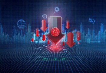 Aufkleber - Red arrow pointing down with a clock in the middle surrounded by other arrows, all on a blue gridded background.