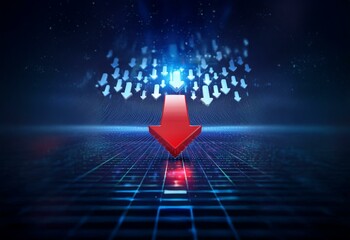 Poster - A single large red arrow points down, surrounded by a field of smaller blue arrows pointing down. The arrows are set against a blue background with a grid.