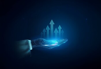 Aufkleber - A glowing blue hand reaching up to hold multiple blue upward arrows against a dark background.
