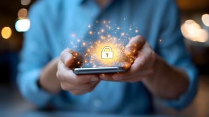 Wall Mural - smartphone screen displaying a glowing lock icon symbolizing secure mobile data access and encrypted