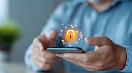 Wall Mural - smartphone with glowing lock icon held by man symbolizing cyber protection mobile security and secur