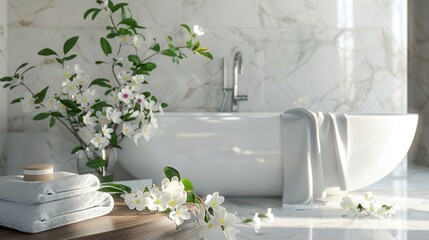 Poster - Luxury Bathroom with White Flowers and Bathtub