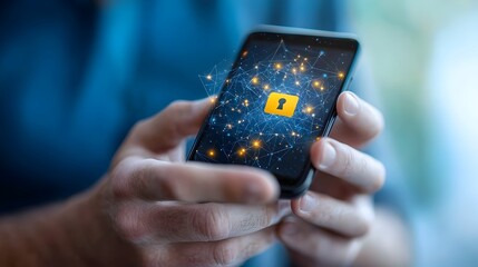 Wall Mural - close up view of a man s hand holding a smartphone with a lock icon surrounded by various digital cy