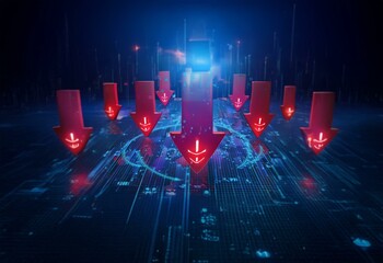 Aufkleber - Red arrows pointing down, appearing to pierce a digital blue grid, with a bright light in the background.
