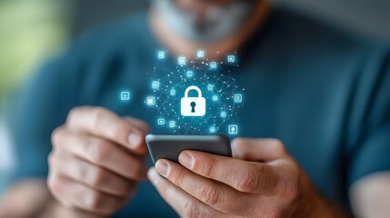 Wall Mural - close up view of a man s hand holding a smartphone with a lock icon and surrounded by various digita