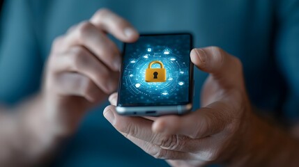 Wall Mural - secure mobile technology with glowing lock icon displayed on smartphone screen held by man symbolizi