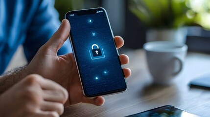 Wall Mural - hand holding a smartphone device with a lock icon displayed on the screen symbolizing mobile encrypt