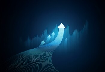 Aufkleber - An abstract blue background featuring a white arrow soaring upward over a field of digital lines.