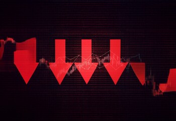 Poster - Red downward arrows on black background with digital grid and line charts.