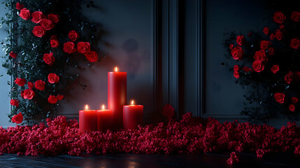 Sticker - A serene arrangement of red candles and roses in a dark setting.