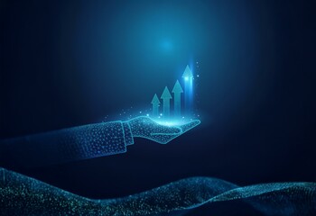 Aufkleber - A glowing hand with connected lines holds an upwards pointing arrow made from glowing lines.