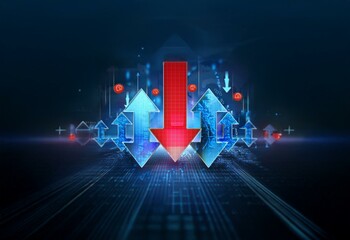 Aufkleber - Digital background with multiple large blue arrows pointing upwards and one large red arrow pointing downwards.