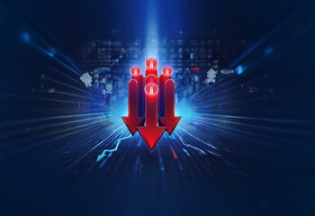 Poster - Red arrows pointing down on a digital blue background with grid lines and glowing lights.