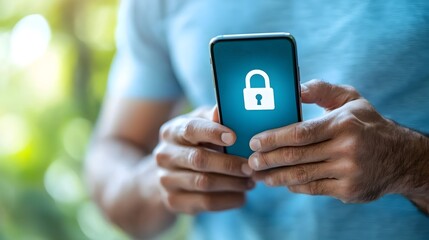 Wall Mural - close up of a man holding a smartphone with a large glowing lock icon on the screen representing the