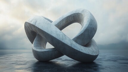 Leinwandbilder - An enormous infinity symbol sculpture crafted from smooth material dominates the tranquil landscape, reflecting early morning light while sitting on calm water.