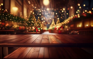 Poster - a wooden table sits in front of a background of defocused holiday lights and decorations.