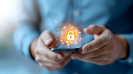 Wall Mural - portrait of a man holding a smartphone with a bright lock symbol on the screen emphasizing the impor
