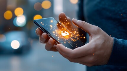 Wall Mural - hand holding a smartphone with a bright lock icon displayed symbolizing secure mobile access and enc