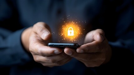 Wall Mural - hand holding a smartphone with a bright lock icon displayed on the screen representing secure mobile