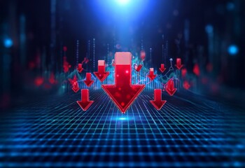 Poster - Red arrow icons falling against a dark blue background with a grid.  The background is blurred, with red dots and a bright light in the upper center.