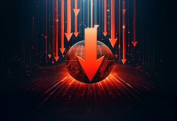 Poster - A red arrow descends onto a glowing globe surrounded by other red arrows, all against a dark, grid-like background.