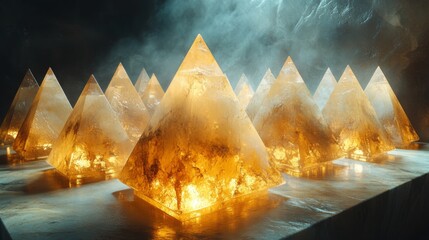 Aufkleber - A cluster of glowing golden pyramids emerges from a misty environment, casting an ethereal light. The scene evokes a sense of wonder and mystery, captivating the viewer's imagination.